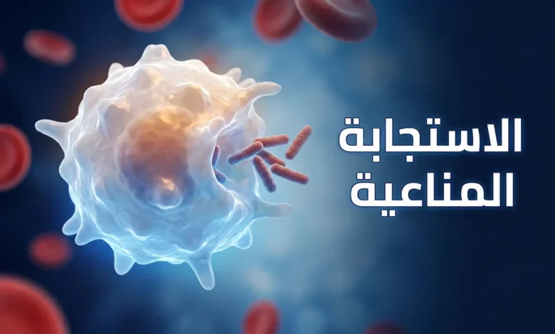 صورة توضيحية واقعية تُظهر خلية بلعمية (ماكروفاج) تتفاعل مع بكتيريا داخل مجرى الدم كتمثيل بصري للاستجابة المناعية في جسم الإنسان