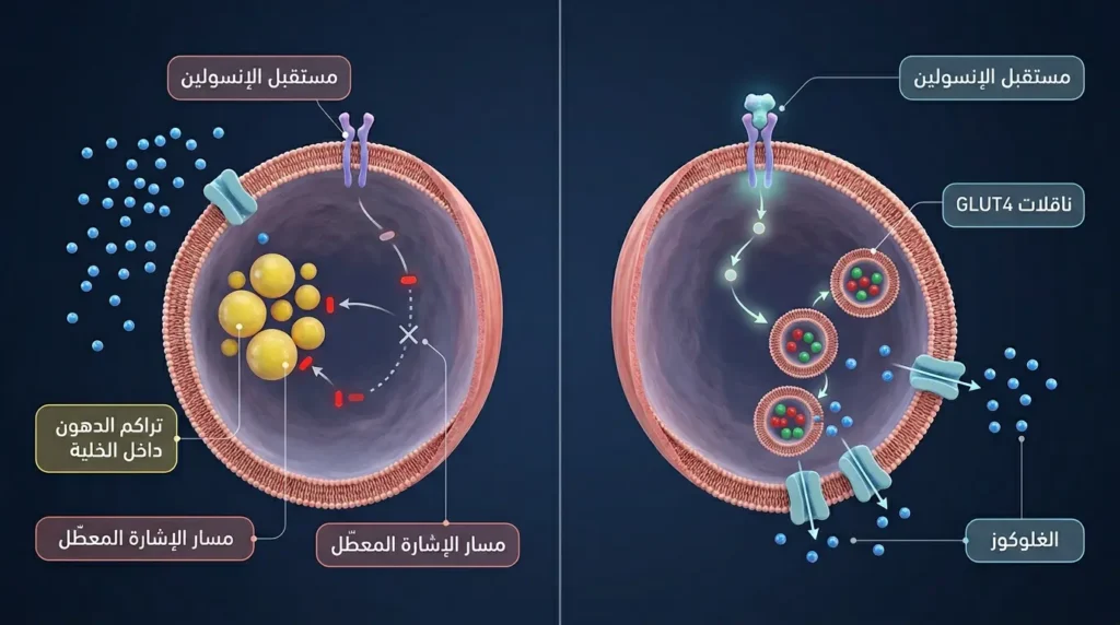 رسم طبي ثلاثي الأبعاد يوضح الفرق بين الخلية الطبيعية التي تستقبل الغلوكوز عبر ناقلات GLUT4 والخلية المقاومة للأنسولين حيث يتعطل مسار الإشارة بسبب تراكم الدهون
