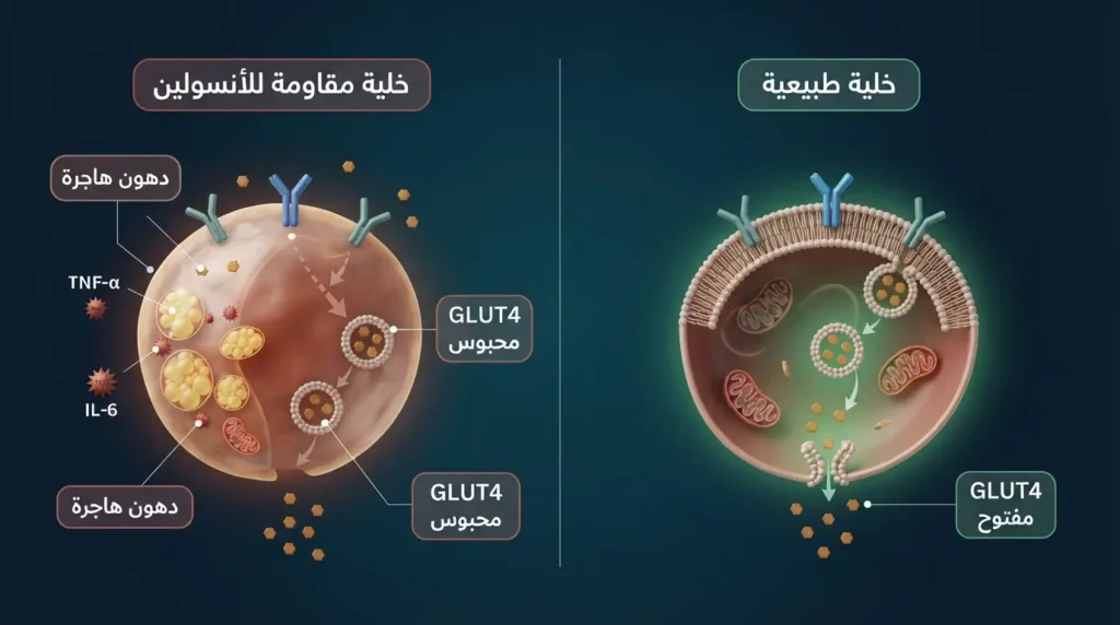مقارنة ثلاثية الأبعاد بين خلية طبيعية تستجيب للأنسولين وتسمح بدخول الغلوكوز وخلية مقاوِمة للأنسولين تحبس ناقلات GLUT4 بسبب الدهون الهاجرة