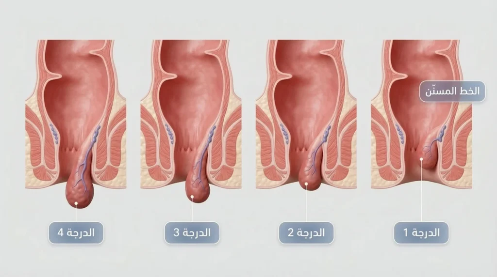 رسم طبي ثلاثي الأبعاد يوضح درجات البواسير الداخلية الأربع من الدرجة الأولى إلى الرابعة مع مقطع تشريحي للقناة الشرجية