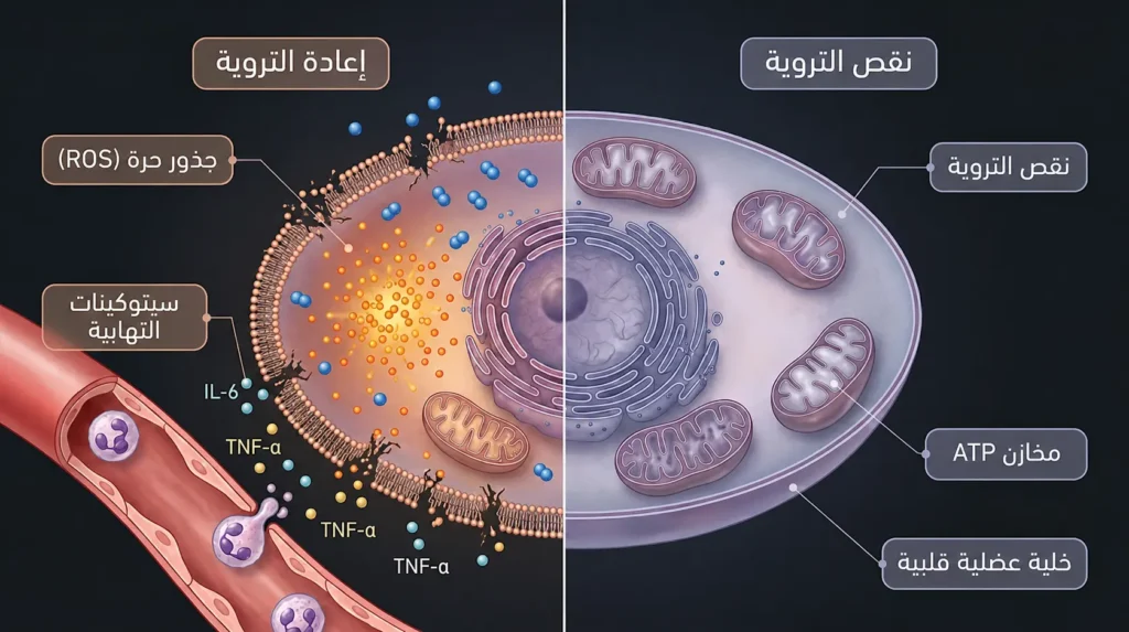 رسم طبي يوضح آلية أذية نقص التروية وإعادة التروية في خلايا عضلة القلب أثناء جراحة القلب المفتوح مع إطلاق الجذور الحرة والسيتوكينات الالتهابية.
