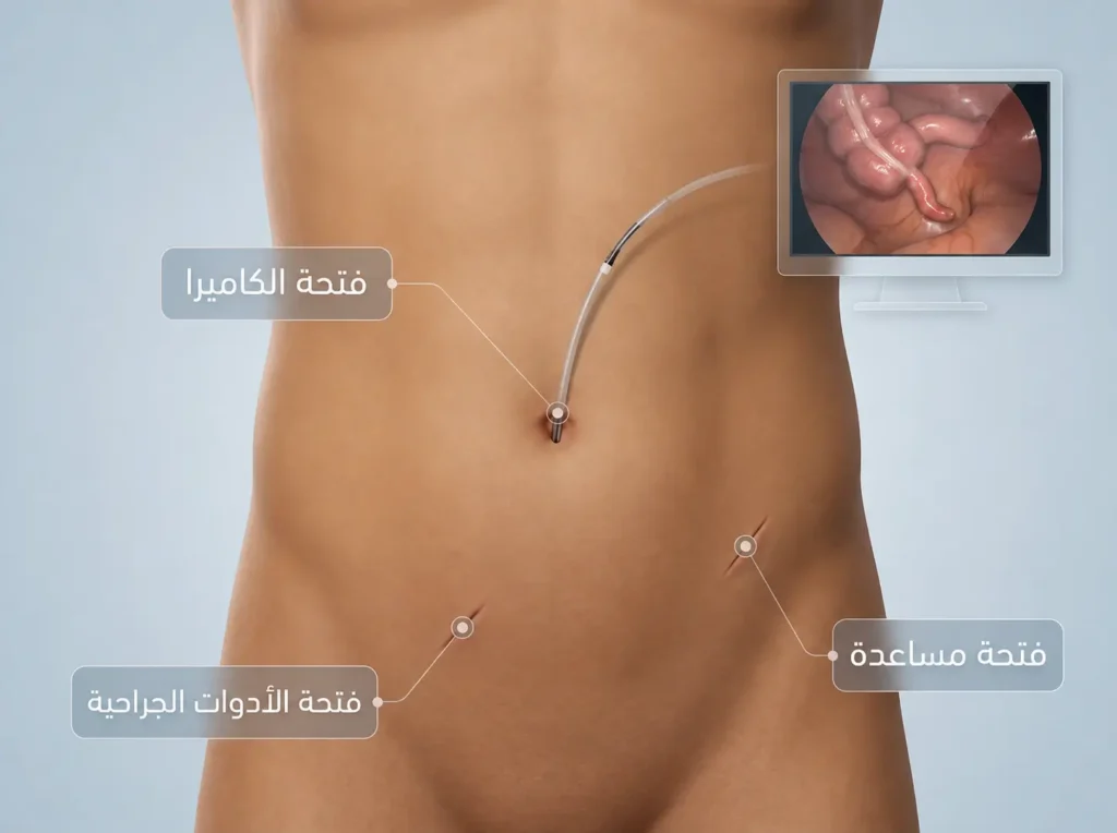 رسم ثلاثي الأبعاد واقعي يوضح مواقع الفتحات الثلاث الصغيرة لجراحة الزائدة الدودية بالمنظار على جدار البطن.
