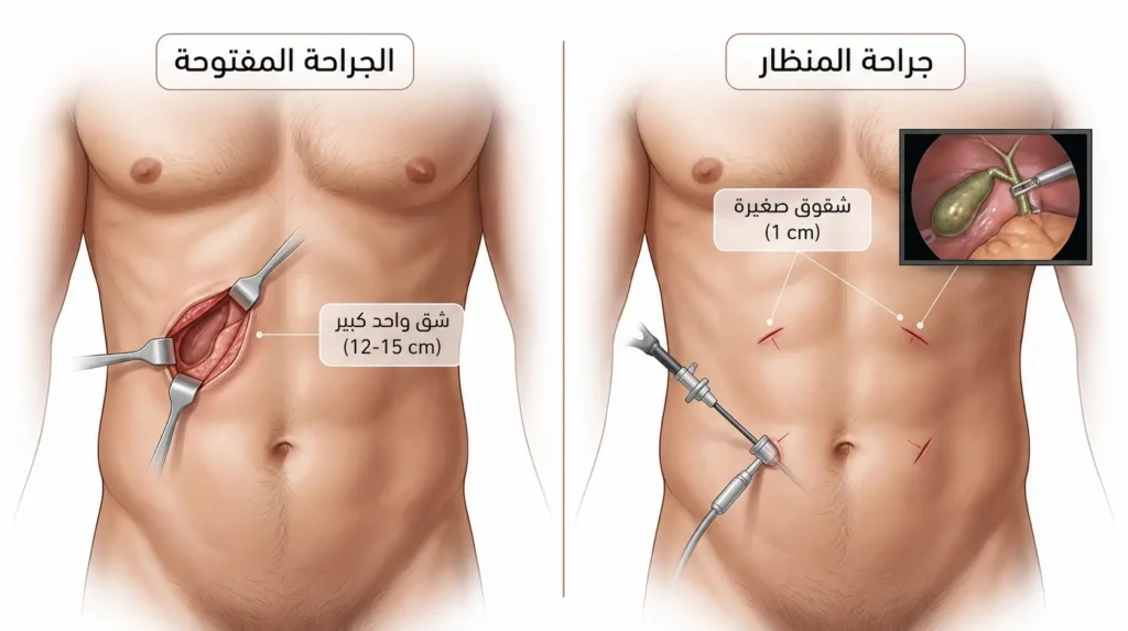 مقارنة توضيحية بين عملية المرارة بالمنظار بأربعة شقوق صغيرة والجراحة المفتوحة بشق واحد كبير على جدار البطن