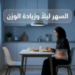 امرأة عربية تسهر ليلاً في مطبخ حديث مع وجبة متأخرة وإشارة بصرية صحية عن ارتباط السهر ليلاً وزيادة الوزن