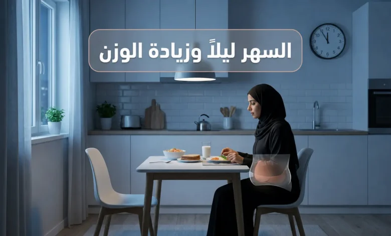 امرأة عربية تسهر ليلاً في مطبخ حديث مع وجبة متأخرة وإشارة بصرية صحية عن ارتباط السهر ليلاً وزيادة الوزن
