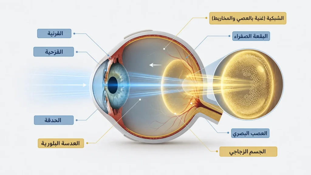 مقطع تشريحي للعين يوضح تركز اللوتين والزياكسانثين في البقعة الصفراء كدرع واقٍ يمتص الضوء الأزرق الضار