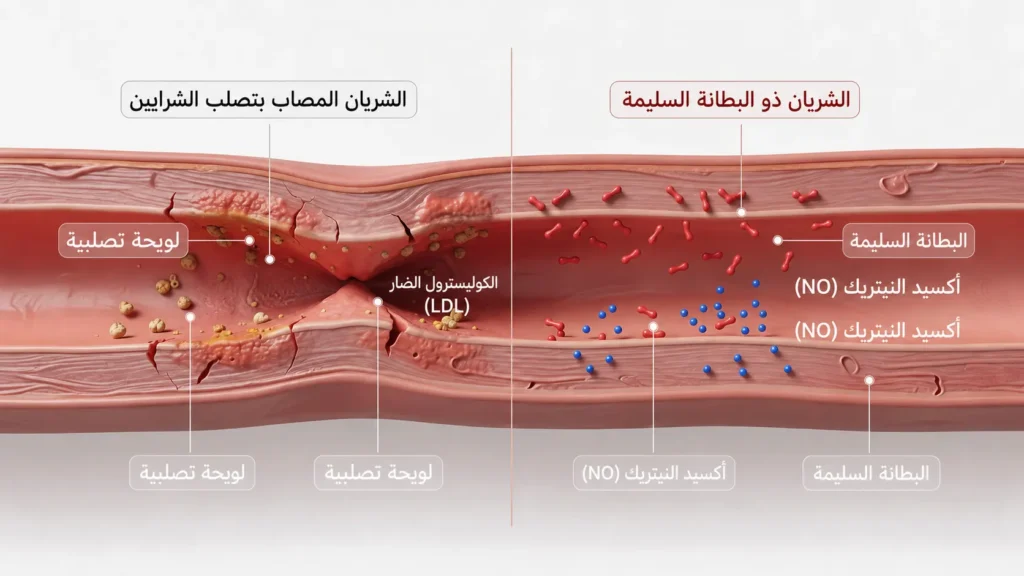 مقطع عرضي لشريان يقارن بين بطانة شريانية سليمة محمية بالليكوبين وبطانة تالفة مع بداية تكون لويحة تصلبية