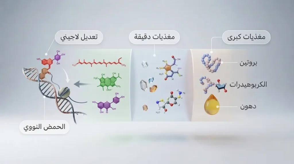 رسم توضيحي ثلاثي الأبعاد يقارن بين المغذيات الكبرى والدقيقة والنباتية ويظهر تفاعل الصبغات النباتية مع الحمض النووي عبر التعديل اللاجيني