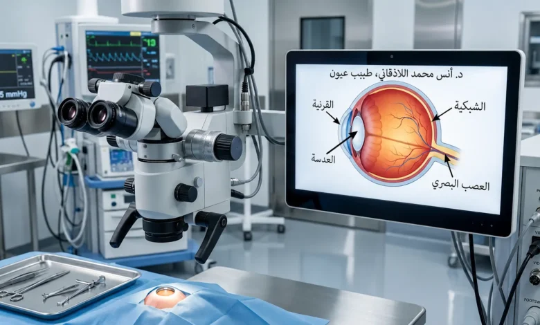 صورة مقربة لأجهزة طب وجراحة عيون متطورة وشاشة تظهر تشريح العين باللغة العربية، تمثل خبرة الدكتور أنس محمد اللاذقاني.