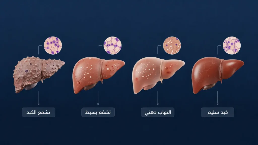 أربع مراحل لتطور مرض الكبد الدهني غير الكحولي من كبد سليم إلى تشحّم بسيط ثم التهاب دهني وأخيراً تشمّع الكبد مع تكبير مجهري لكل مرحلة