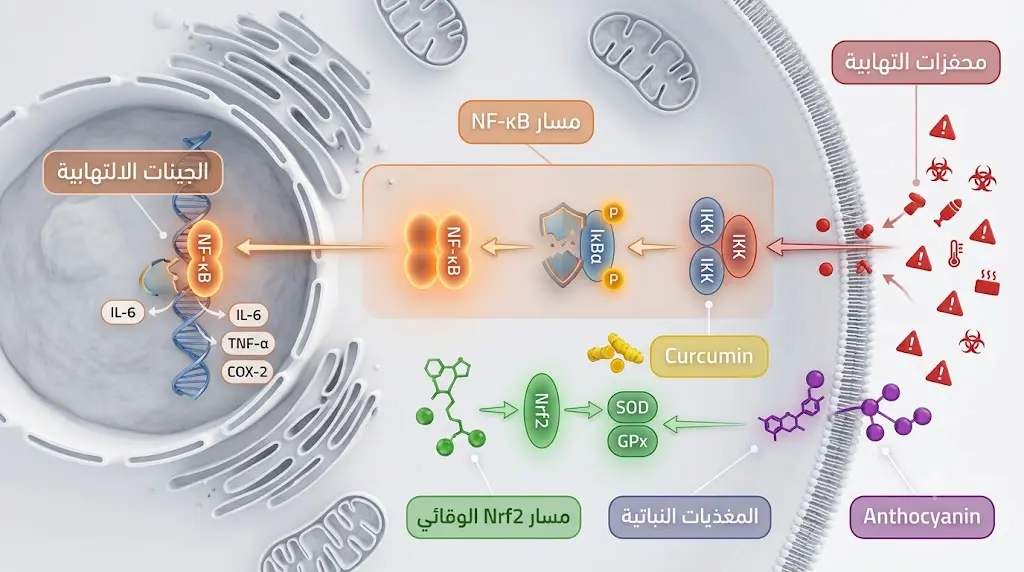 رسم ثلاثي الأبعاد يوضح مسار NF-κB الالتهابي داخل الخلية وكيف تتدخل المغذيات النباتية لتثبيطه وتنشيط مسار Nrf2 الوقائي