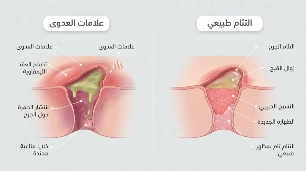 رسم توضيحي طبي يقارن بين مراحل التئام الجرح الطبيعي بعد عملية الناسور وعلامات العدوى التحذيرية