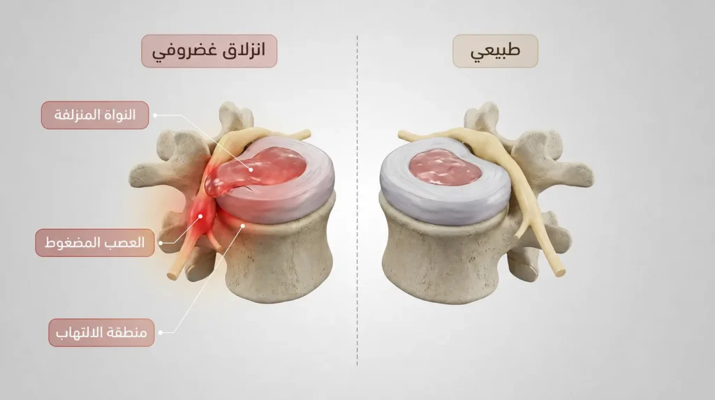 مقارنة ثلاثية الأبعاد بين قرص غضروفي طبيعي وآخر منزلق يضغط على الجذر العصبي مع توضيح منطقة الالتهاب