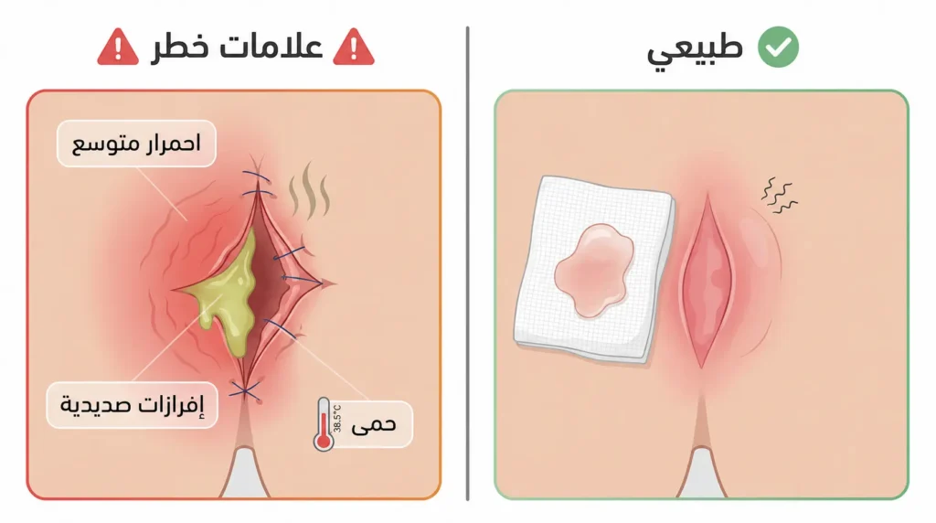 رسم طبي يقارن بين الأعراض الطبيعية بعد عملية الناسور العصعصي وعلامات الخطر التي تستوجب مراجعة الطبيب فوراً