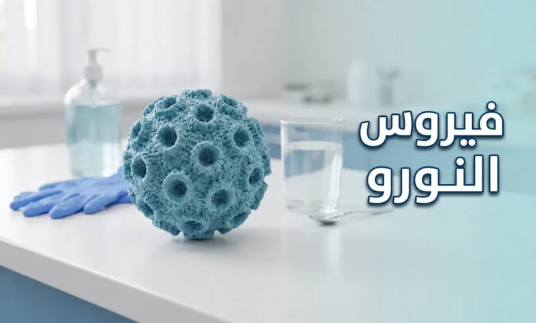 صورة غلاف توضيحية لفيروس النورو تُظهر نموذجاً ثلاثي الأبعاد واقعياً للفيروس بتفاصيل علمية دقيقة مع أدوات وقائية في خلفية مختبرية نظيفة