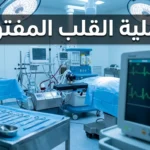 غرفة عمليات قلب مفتوح حديثة تحتوي على جهاز القلب والرئتين الاصطناعية وشاشة مراقبة تعرض تخطيط القلب مع عنوان عملية القلب المفتوح.