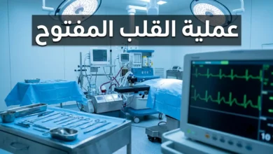 غرفة عمليات قلب مفتوح حديثة تحتوي على جهاز القلب والرئتين الاصطناعية وشاشة مراقبة تعرض تخطيط القلب مع عنوان عملية القلب المفتوح.