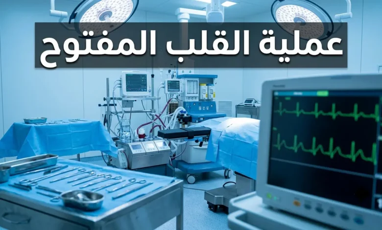 غرفة عمليات قلب مفتوح حديثة تحتوي على جهاز القلب والرئتين الاصطناعية وشاشة مراقبة تعرض تخطيط القلب مع عنوان عملية القلب المفتوح.