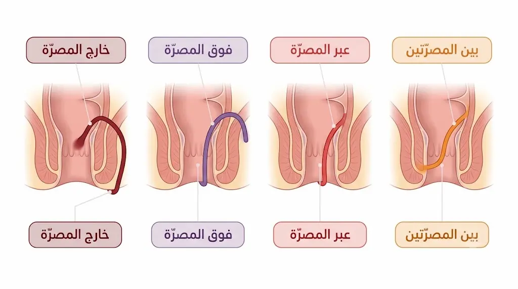 رسم توضيحي طبي يعرض تصنيف باركس لأنواع الناسور الشرجي الأربعة حسب علاقة المسار بالعضلات العاصرة