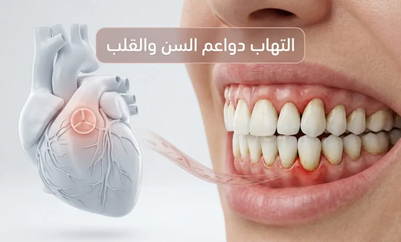 صورة طبية ثلاثية الأبعاد تُظهر التهاب دواعم السن مع إبراز العلاقة المحتملة بين بكتيريا اللثة والصمام الأبهري في القلب.
