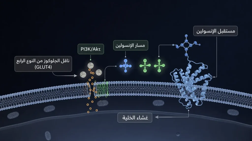 رسم طبي ثلاثي الأبعاد يوضّح مسار إشارة الأنسولين PI3K/Akt داخل الخلية العضلية وانتقال حويصلات GLUT4 إلى غشاء الخلية لإدخال الغلوكوز