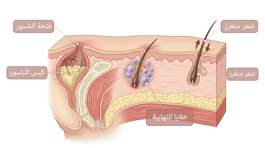 رسم توضيحي طبي مقطعي يُظهر آلية تشكّل الناسور العصعصي من انغراز الشعر تحت الجلد حتى تكوّن الكيس الالتهابي
