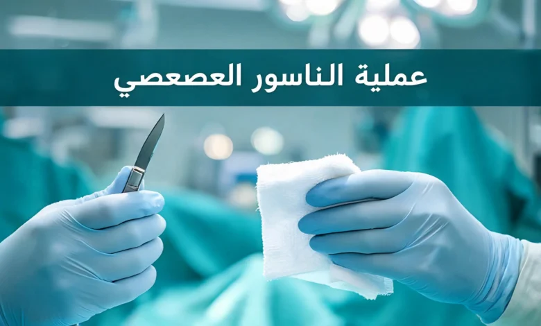 صورة غلاف طبية احترافية لمقال عن عملية الناسور العصعصي تُظهر يدي جراح في بيئة عمليات معقمة مع عنوان المقال بالعربية