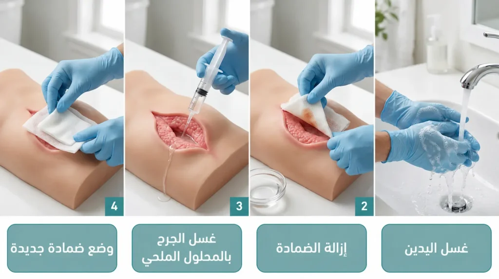 صورة توضيحية واقعية تعرض أربع خطوات لتغيير ضمادة جرح الناسور العصعصي المفتوح بطريقة صحيحة