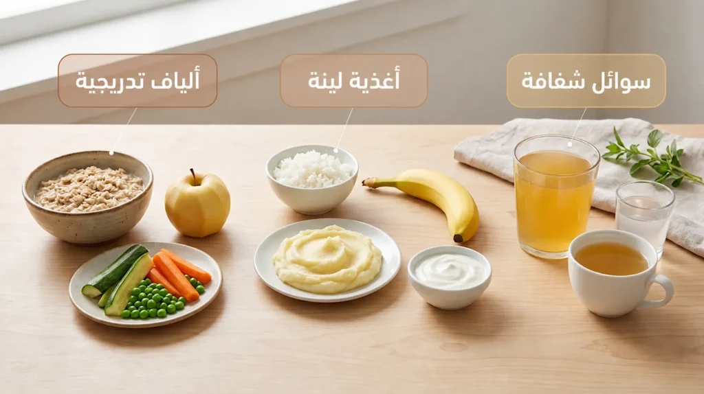 تصوير احترافي لأطعمة التعافي بعد عملية الزائدة الدودية مرتبة في ثلاث مراحل: سوائل شفافة ثم أغذية لينة ثم ألياف تدريجية.