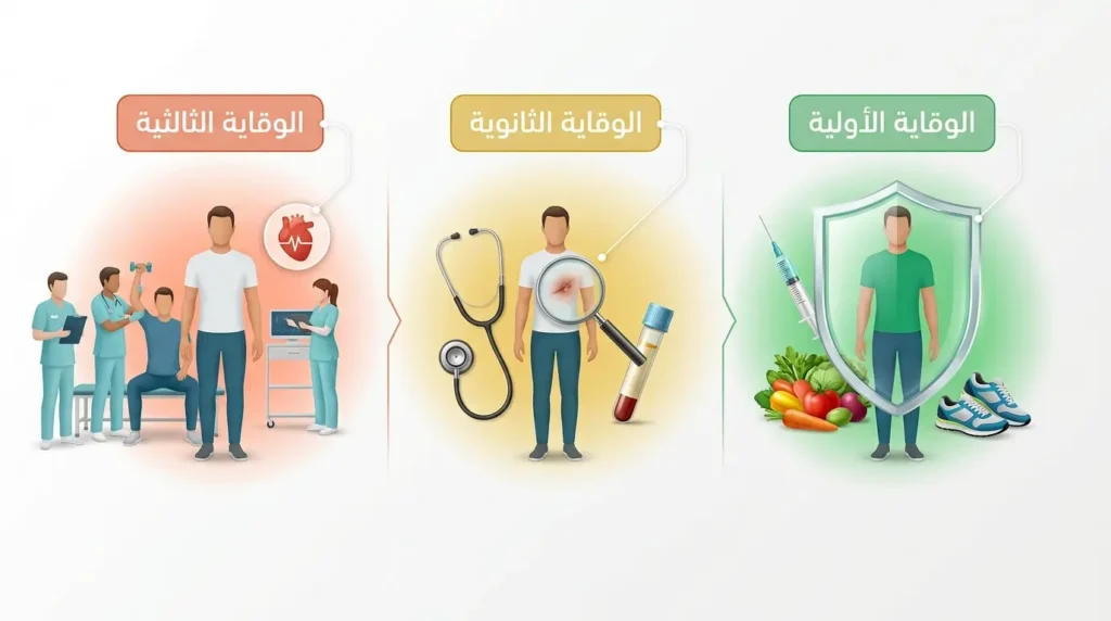 رسم توضيحي طبي واقعي يقارن بين مستويات الوقاية الثلاثة: الأولية والثانوية والثالثية مع رموز بصرية لكل مستوى