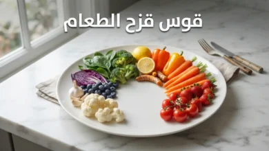 طبق أبيض أنيق يحتوي على خضروات وفواكه مرتبة بألوان قوس قزح من الأحمر إلى البنفسجي والأبيض مع عنوان قوس قزح الطعام