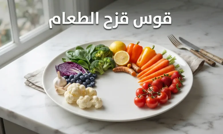 طبق أبيض أنيق يحتوي على خضروات وفواكه مرتبة بألوان قوس قزح من الأحمر إلى البنفسجي والأبيض مع عنوان قوس قزح الطعام