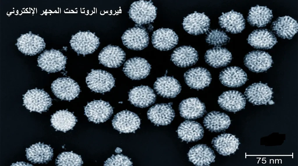 صورة مجهرية إلكترونية لفيروس الروتا تُظهر شكله العجلي المميز بطبقاته البروتينية الثلاث
