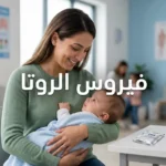 صورة غلاف مقالة فيروس الروتا تظهر أمّاً تحمل رضيعها في عيادة أطفال نظيفة مع محلول إماهة فموي على الطاولة