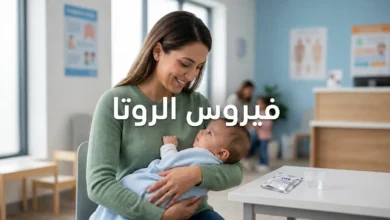 صورة غلاف مقالة فيروس الروتا تظهر أمّاً تحمل رضيعها في عيادة أطفال نظيفة مع محلول إماهة فموي على الطاولة