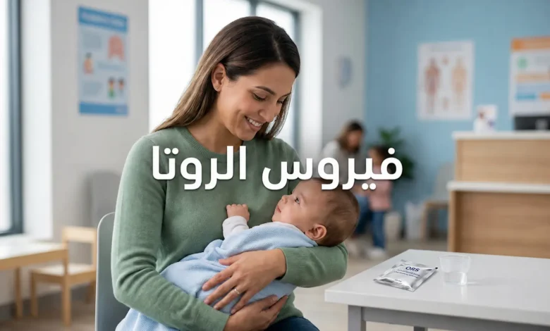 صورة غلاف مقالة فيروس الروتا تظهر أمّاً تحمل رضيعها في عيادة أطفال نظيفة مع محلول إماهة فموي على الطاولة