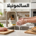 صورة غلاف مقالة عن السالمونيلا تُظهر مطبخاً نظيفاً مع لوح تقطيع ودجاج نيء وخضراوات وأيدٍ تُغسل بالماء والصابون مع مقياس حرارة طعام ومقياس حرارة ثلاجة يُشير إلى 4 درجات مئوية للتوعية بالسلامة الغذائية والوقاية من التسمم البكتيري