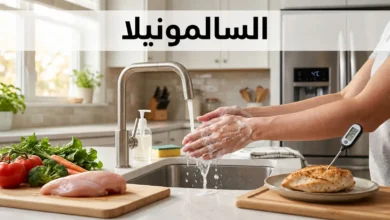 صورة غلاف مقالة عن السالمونيلا تُظهر مطبخاً نظيفاً مع لوح تقطيع ودجاج نيء وخضراوات وأيدٍ تُغسل بالماء والصابون مع مقياس حرارة طعام ومقياس حرارة ثلاجة يُشير إلى 4 درجات مئوية للتوعية بالسلامة الغذائية والوقاية من التسمم البكتيري