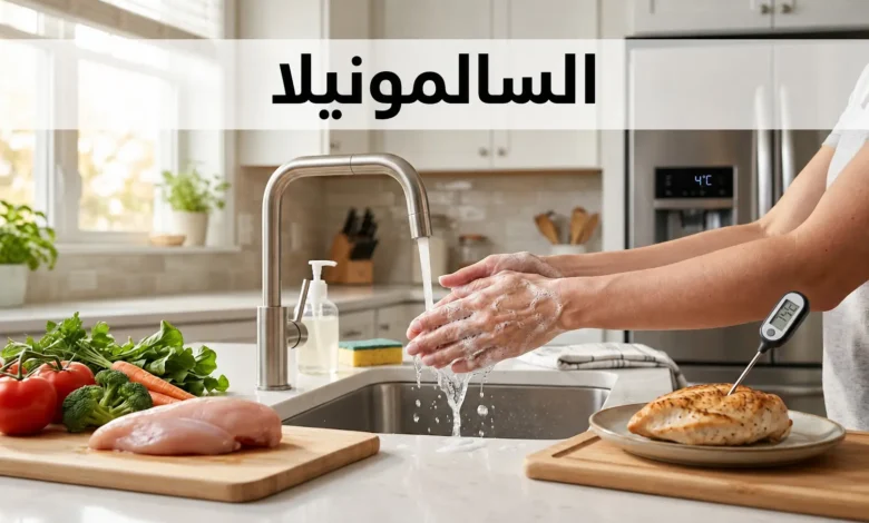 صورة غلاف مقالة عن السالمونيلا تُظهر مطبخاً نظيفاً مع لوح تقطيع ودجاج نيء وخضراوات وأيدٍ تُغسل بالماء والصابون مع مقياس حرارة طعام ومقياس حرارة ثلاجة يُشير إلى 4 درجات مئوية للتوعية بالسلامة الغذائية والوقاية من التسمم البكتيري