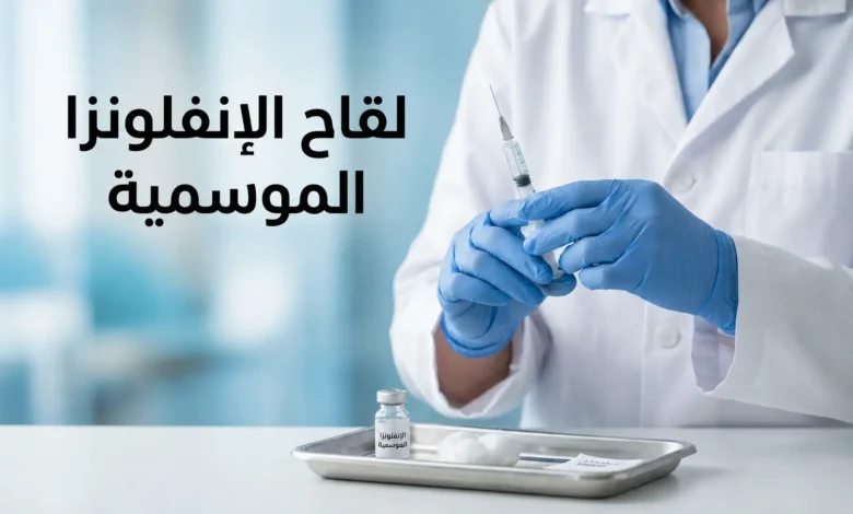 صورة غلاف تُظهر يد متخصص رعاية صحية يرتدي قفازات طبية زرقاء يحمل حقنة لقاح الإنفلونزا الموسمية بجانب قارورة اللقاح على صينية طبية في عيادة حديثة
