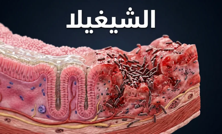 صورة غلاف توضيحية ثلاثية الأبعاد تُظهر بكتيريا الشيغيلا وهي تغزو جدار القولون مع مقارنة بين النسيج السليم والملتهب