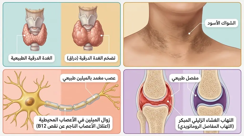 رسم توضيحي طبي يعرض أربع علامات صامتة لأمراض خفية: الشواك الأسود ومشاكل الغدة الدرقية والتهاب المفاصل المبكر واعتلال الأعصاب