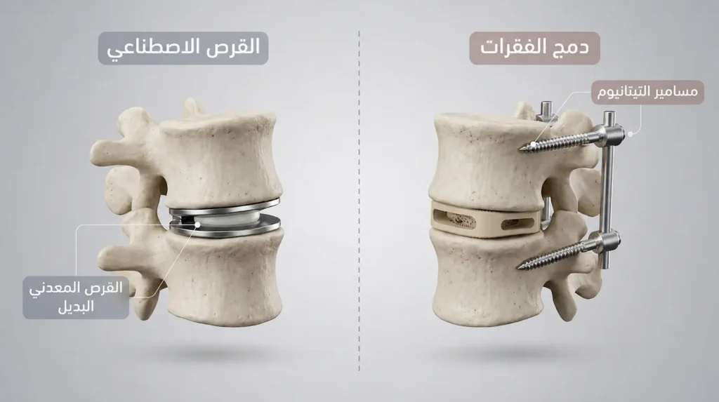 مقارنة ثلاثية الأبعاد بين عملية دمج الفقرات بمسامير التيتانيوم وعملية استبدال القرص الاصطناعي