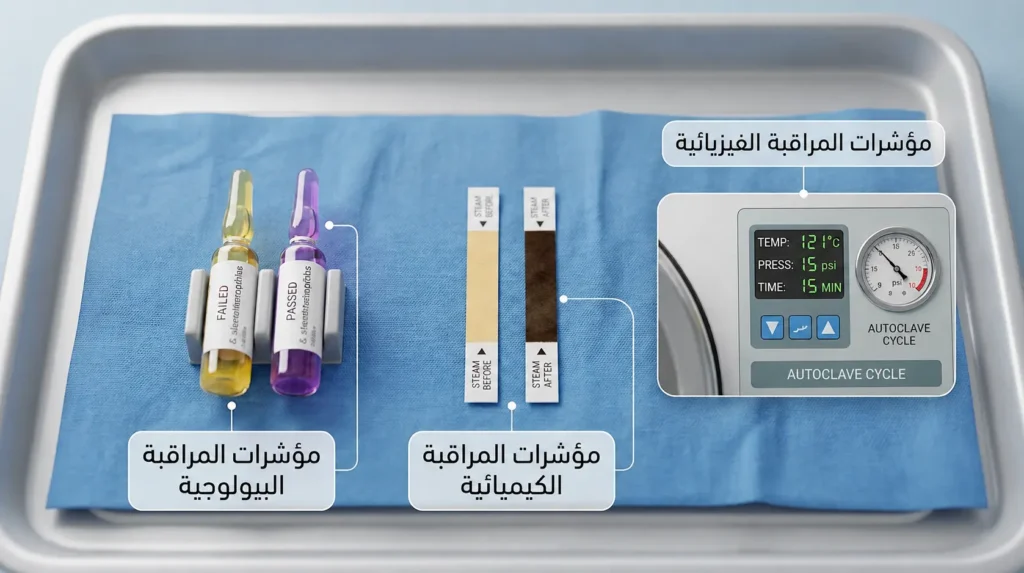 صورة سريرية تعرض ثلاثة أنواع من مؤشرات مراقبة التعقيم: مؤشر فيزيائي على شاشة الجهاز ومؤشر كيميائي بتغير اللون ومؤشر بيولوجي بأمبولة أبواغ.