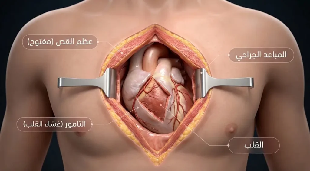 رسم ثلاثي الأبعاد يوضح طريقة الوصول الجراحي إلى القلب عبر فتح عظم القص وكشف التامور والقلب باستخدام المباعد الجراحي.
