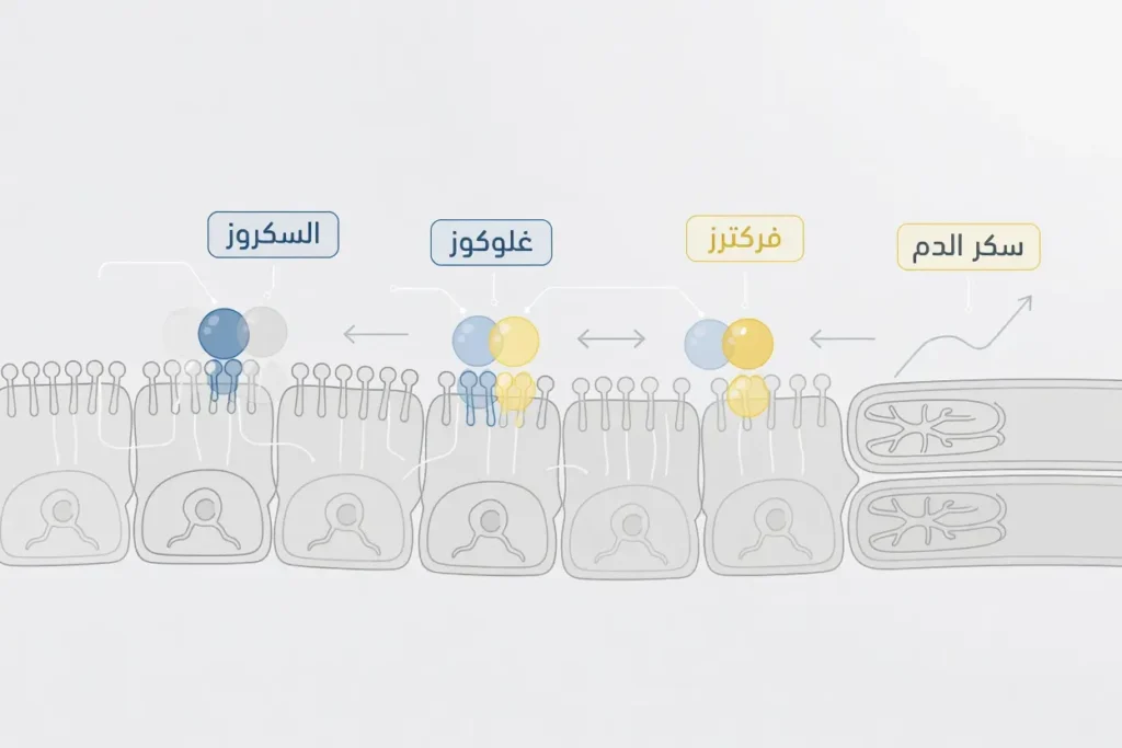 رسم طبي يوضح انشطار السكروز في الأمعاء إلى غلوكوز وفركتوز وارتباط ذلك بارتفاع سكر الدم