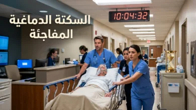 فريق طبي في قسم الطوارئ ينقل مريض سكتة دماغية على نقالة في ممر مستشفى مضاء مع ساعة رقمية وساعة رملية ذهبية ترمز للساعة الذهبية