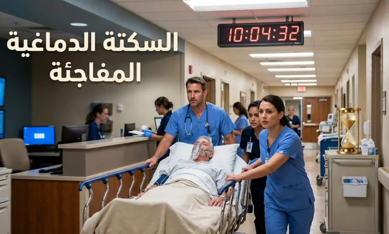 فريق طبي في قسم الطوارئ ينقل مريض سكتة دماغية على نقالة في ممر مستشفى مضاء مع ساعة رقمية وساعة رملية ذهبية ترمز للساعة الذهبية