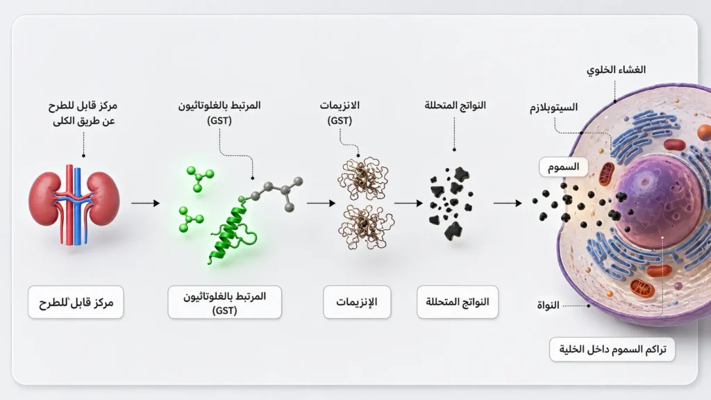 رسم ثلاثي الأبعاد يوضح مرحلتي طرد السموم في الكبد ودور السولفورافان في تنشيط إنزيمات المرحلة الثانية