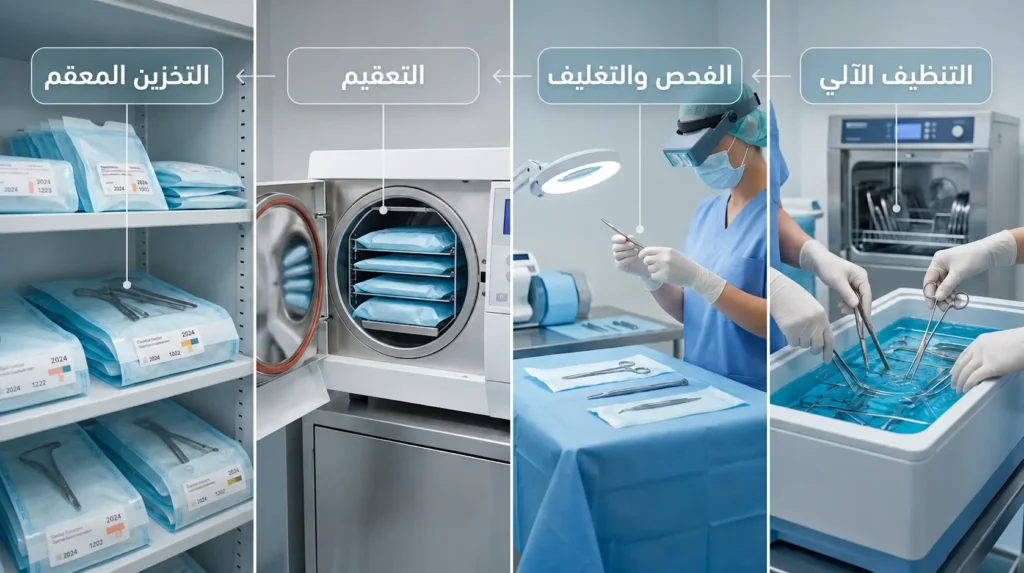 أربع مراحل متسلسلة لبروتوكول تعقيم الأدوات الجراحية في المستشفى من التنظيف الآلي إلى التخزين المعقم.
